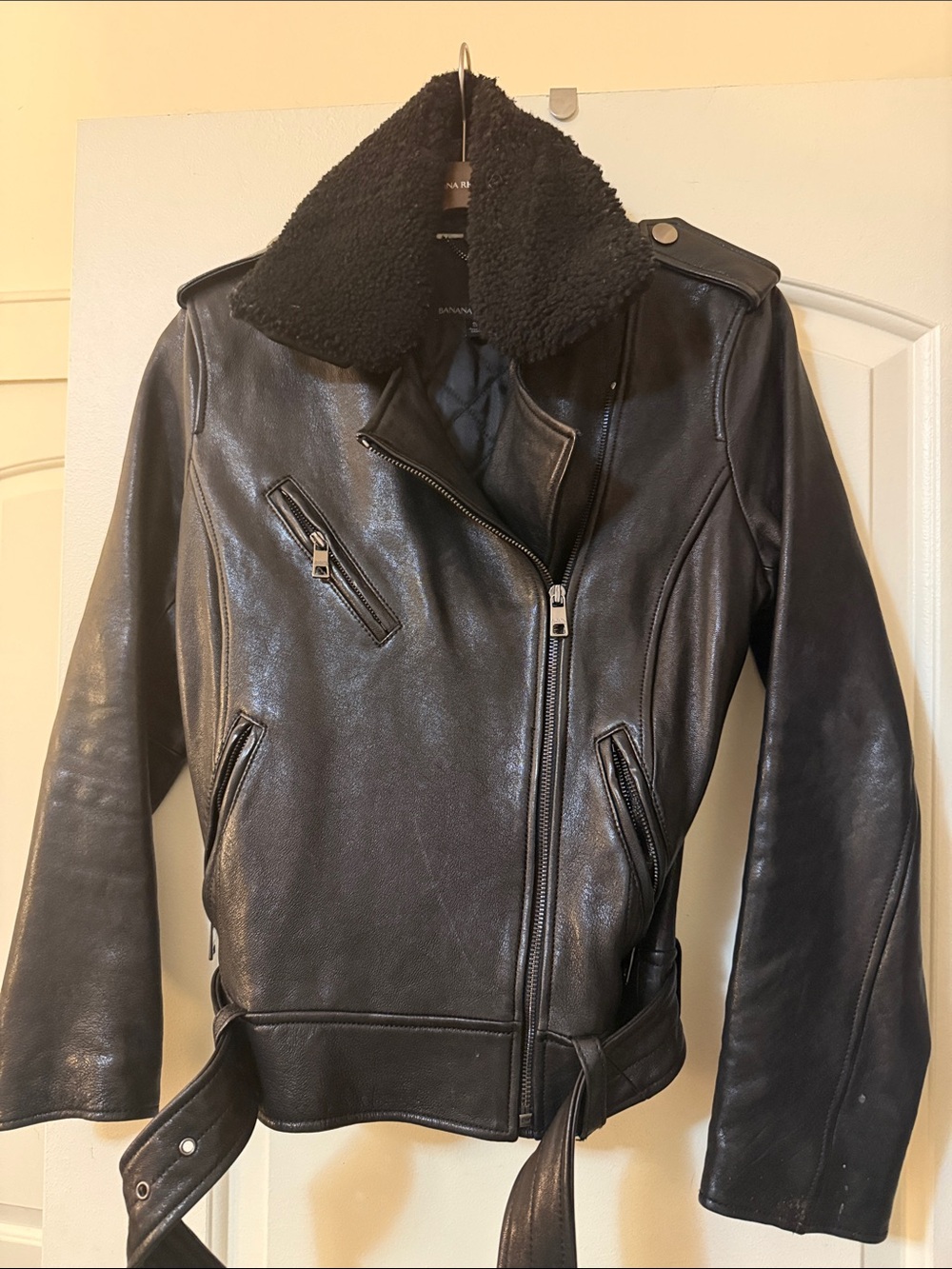 Banana Republic Black Leather Quilted Moto Jacket with Detachable Sherpa Collar